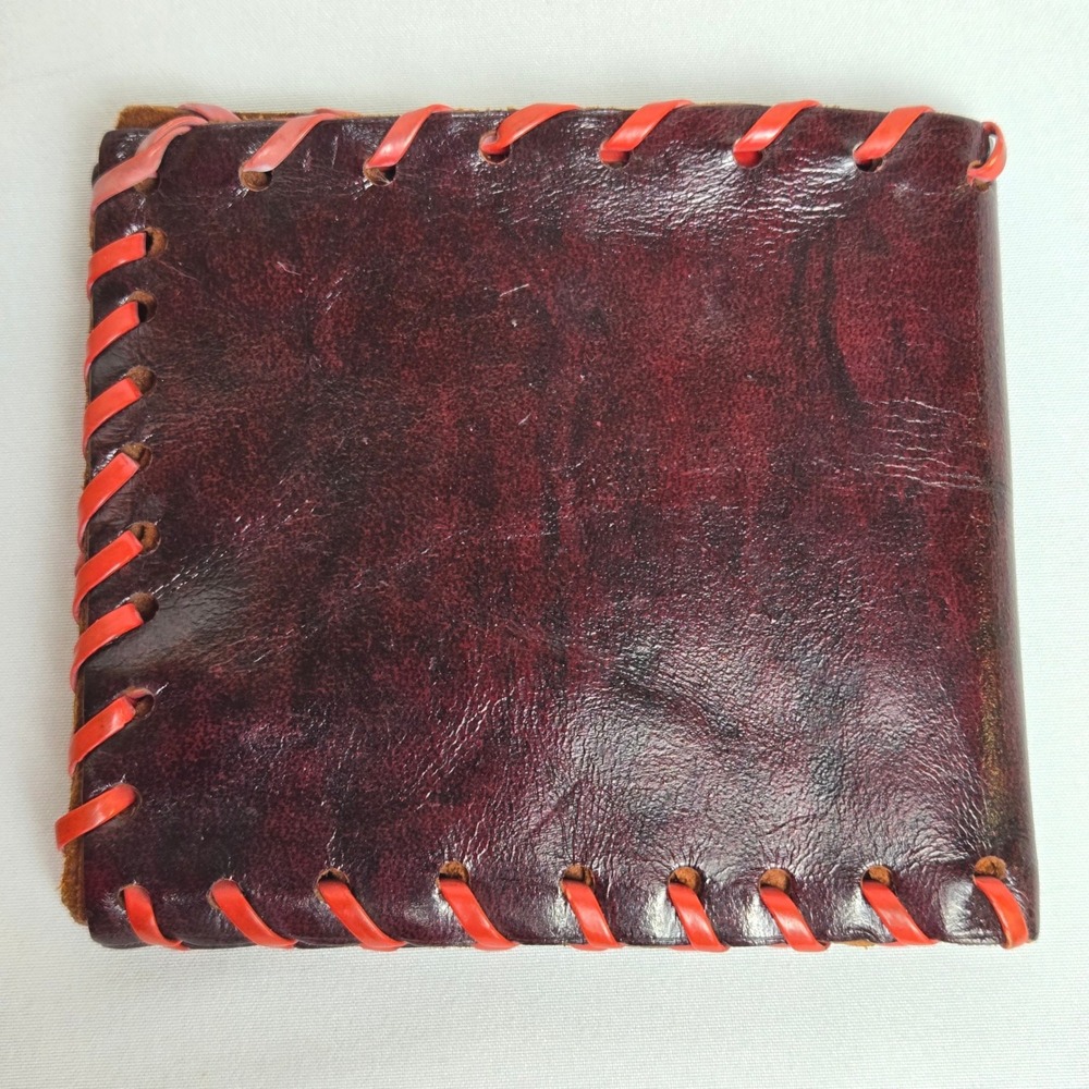 Handmade Bifold Leather Wallet Burgundy Red Contrast Stitching Rustic Primitive‎